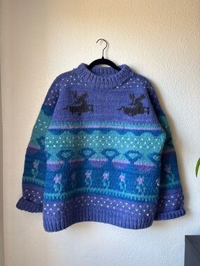 Vintage Hand Knit Wool Sweater Ecuador Chunky Fair Isle Purple Teal Cottagecore